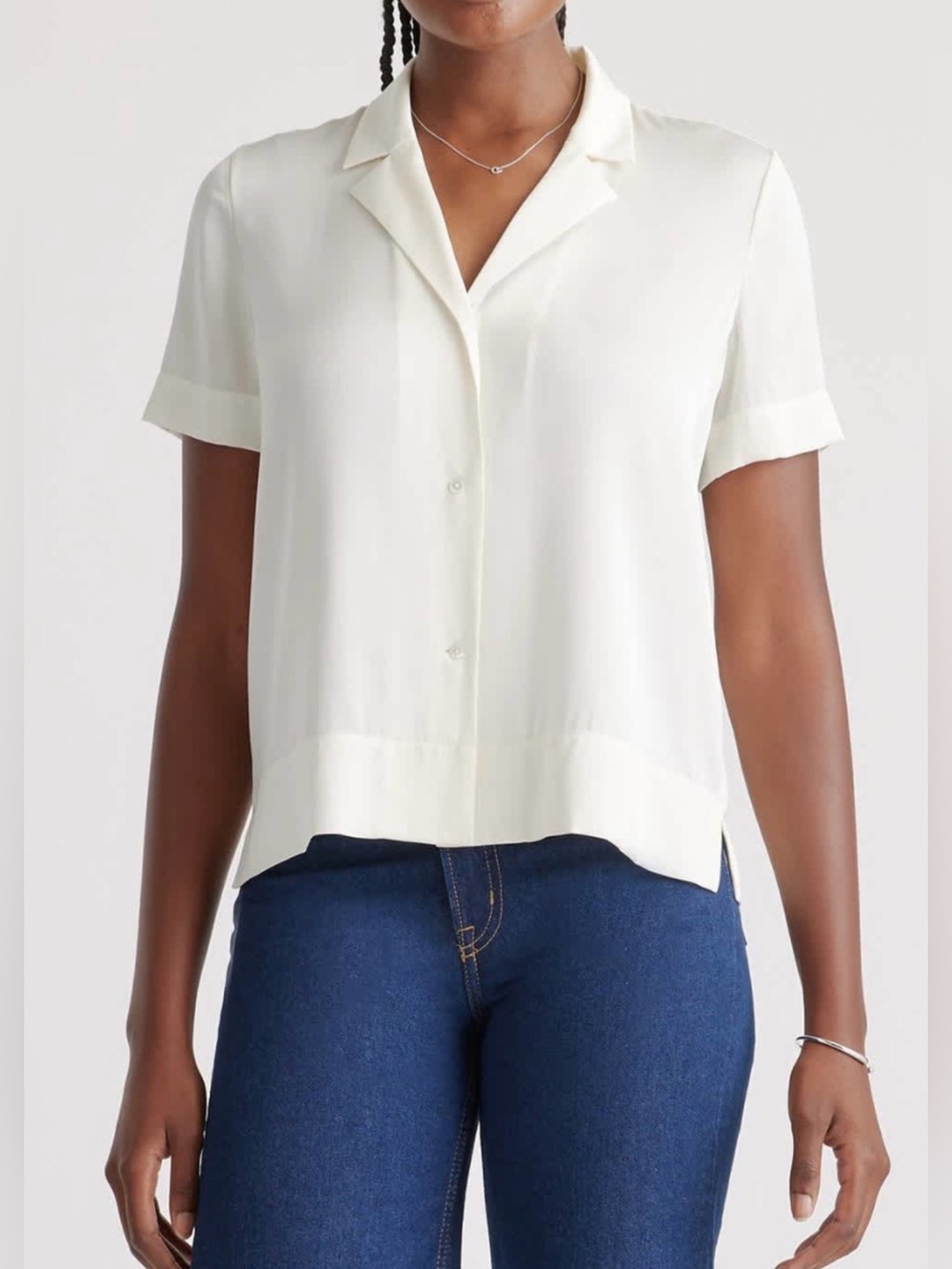 QUINCE Washable Stretch Silk Short Sleeve Notch Collar Blouse